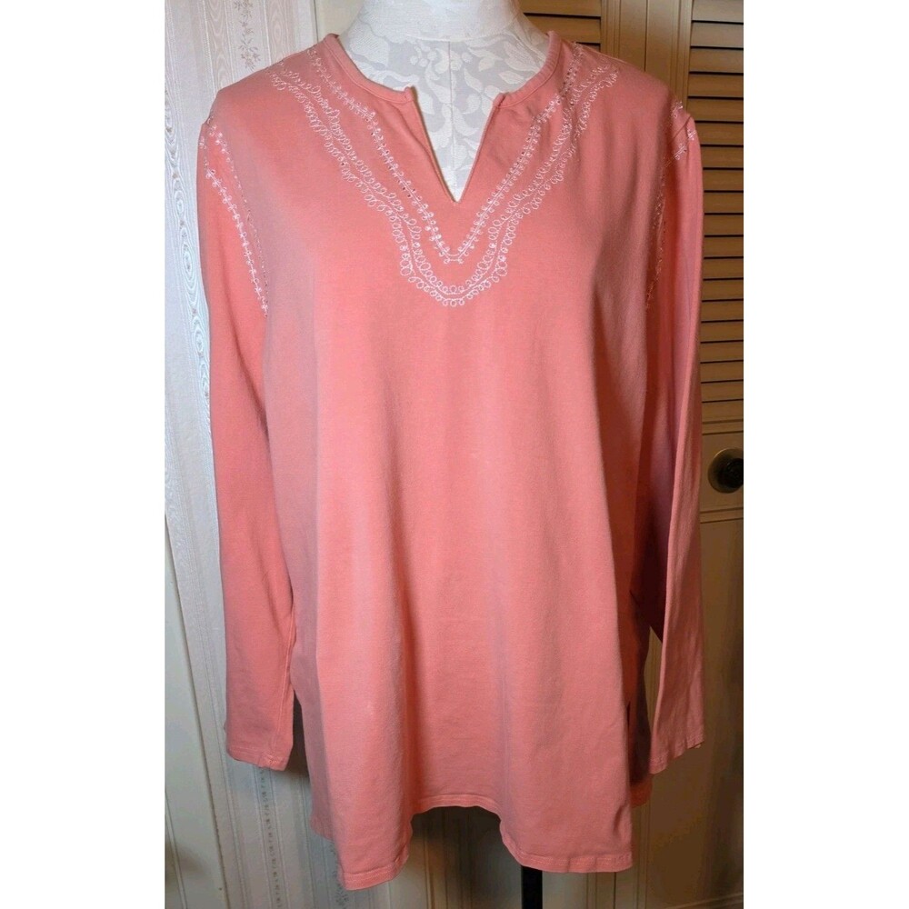 Denim & Co Top Wmns 2X Pink Embroidered Rhinestone V-Neck Boho Chic Comfy Casual